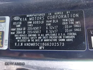 2016 Kia Sedona LX with VIN KNDMB5C18G6202573, listed as a IAAI auction lot 41841796 with 68,568 mi miles. Bid and sale history available at carsss.com. Image 9.