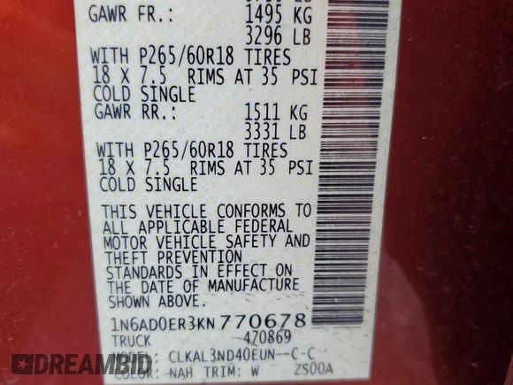 2019 Nissan Frontier SV with VIN 1N6AD0ER3KN770678, listed as a Copart auction lot 56369865 with 82,077 mi miles and Non repairable. Bid and sale history available at DreamBid. Image 12.