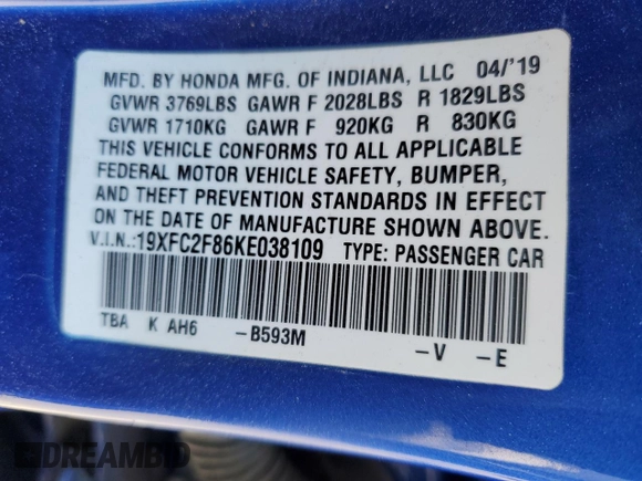 2019 Honda Civic Sport with VIN 19XFC2F86KE038109, listed as a Copart auction lot 53722175 with 89,615 mi miles and Salvage Title. Bid and sale history available at DreamBid. Image 14.