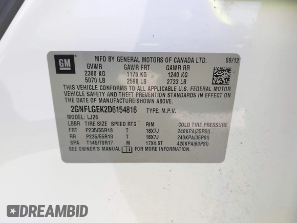 2013 Chevrolet Equinox LTZ with VIN 2GNFLGEK2D6154816, listed as a IAAI auction lot 42106589 with 126,946 mi miles. Bid and sale history available at carsss.com. Image 9.