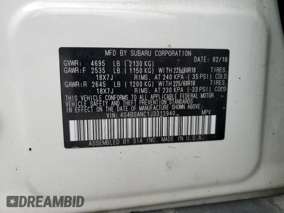 2018 Subaru Outback Limited with VIN 4S4BSANC1J3313940, listed as a Copart auction lot 59619065 with 93,119 mi miles and Salvage title. Bid and sale history available at DreamBid. Image 13.
