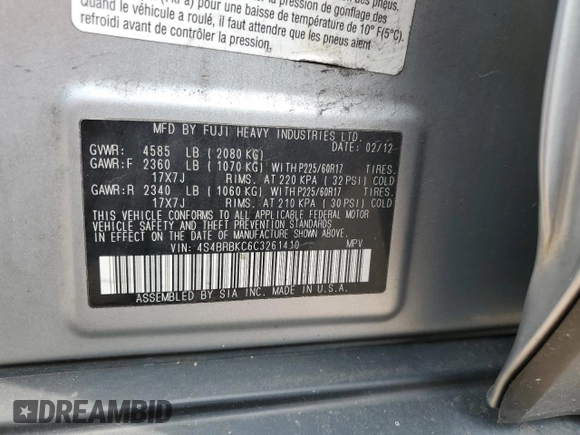 2012 Subaru Outback Limited with VIN 4S4BRBKC6C3261410, listed as a Copart auction lot 60916845 with 184,005 mi miles and Clean title. Bid and sale history available at DreamBid. Image 13.
