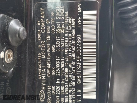 2015 Hyundai Tucson GLS with VIN KM8JT3AF9FU002360, listed as a Copart auction lot 45791245 with 44,485 mi miles and Salvage Title. Bid and sale history available at DreamBid. Image 13.