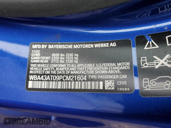 2023 BMW 4 Series 430i xDrive with VIN WBA43AT09PCM21604, listed as a Copart auction lot 49326175 with 15,305 mi miles and Salvage Title. Bid and sale history available at DreamBid. Image 12.