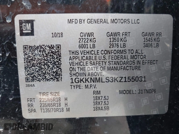 2019 GMC Acadia SLT with VIN 1GKKNMLS3KZ155031, listed as a IAAI auction lot 41633067 with 150,086 mi miles. Bid and sale history available at carsss.com. Image 9.