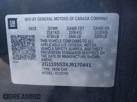 2018 Chevrolet Impala LT with VIN 2G1105S3XJ9170441, listed as a IAAI auction lot 40797929 with 110,091 mi miles and . Bid and sale history available at DreamBid. Image 9.