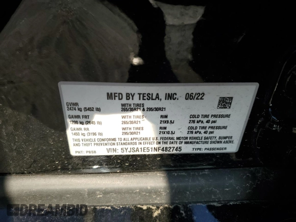 2022 Tesla Model S with VIN 5YJSA1E51NF482745, listed as a Copart auction lot 42562955 with 75,573 mi miles and Salvage Title. Bid and sale history available at DreamBid. Image 15.