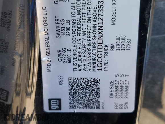 2022 Chevrolet Colorado 4WD Z71 with VIN 1GCGTDENXN1273532, listed as a Copart auction lot 57910055 with 36,223 mi miles and Salvage title. Bid and sale history available at DreamBid. Image 12.