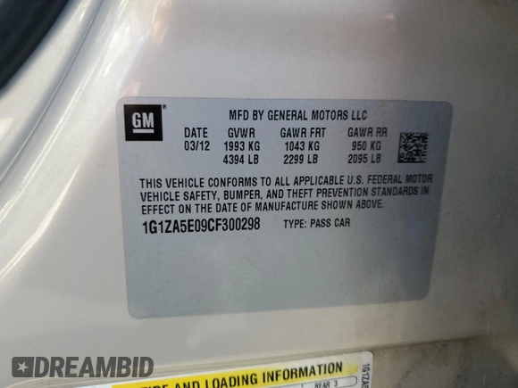 2012 Chevrolet Malibu 1FL with VIN 1G1ZA5E09CF300298, listed as a Copart auction lot 53871455 with 172,016 mi miles and Salvage Title. Bid and sale history available at DreamBid. Image 12.