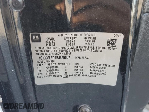 2011 GMC Acadia Denali with VIN 1GKKVTED1BJ355607, listed as a Copart auction lot 49514365 with 279,201 mi miles and Salvage Title. Bid and sale history available at carsss.com. Image 15.