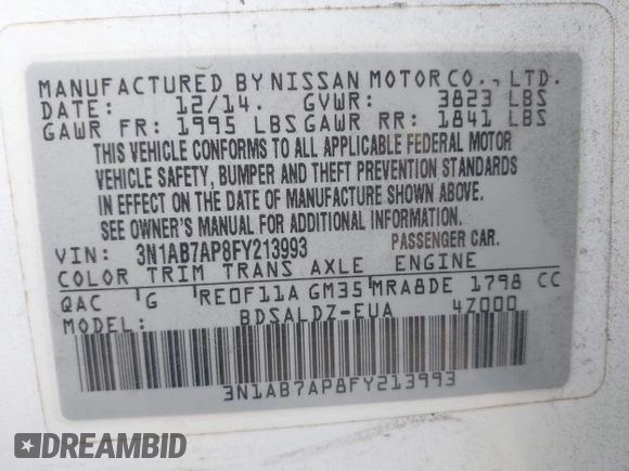2015 Nissan Sentra SV with VIN 3N1AB7AP8FY213993, listed as a IAAI auction lot 42040473 with 142,758 mi miles. Bid and sale history available at carsss.com. Image 9.