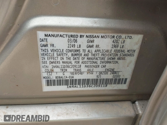 2006 Nissan Altima S with VIN 1N4AL11D36C209118, listed as a IAAI auction lot 42366429 with 151,580 mi miles and . Bid and sale history available at DreamBid. Image 9.