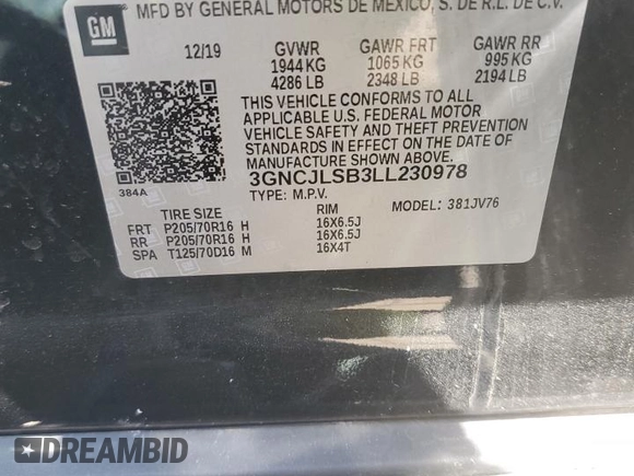 2020 Chevrolet Trax LT with VIN 3GNCJLSB3LL230978, listed as a Copart auction lot 52682414 with 24,483 mi miles and Salvage Title. Bid and sale history available at carsss.com. Image 12.