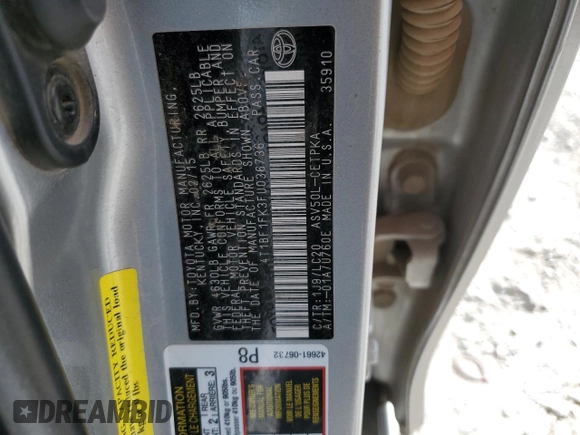2015 Toyota Camry XLE with VIN 4T1BF1FK3FU036736, listed as a Copart auction lot 50078735 with 168,524 mi miles and Clean Title. Bid and sale history available at DreamBid. Image 12.