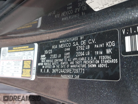 2024 Kia Forte LXS with VIN 3KPF24AD9RE709771, listed as a IAAI auction lot 41351206 with 8,009 mi miles and . Bid and sale history available at DreamBid. Image 9.