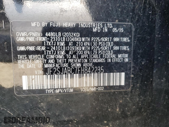 2015 Subaru Forester 2.5i with VIN JF2SJABC7FH842235, listed as a Copart auction lot 54975195 with 222,290 mi miles and Clean Title. Bid and sale history available at carsss.com. Image 13.