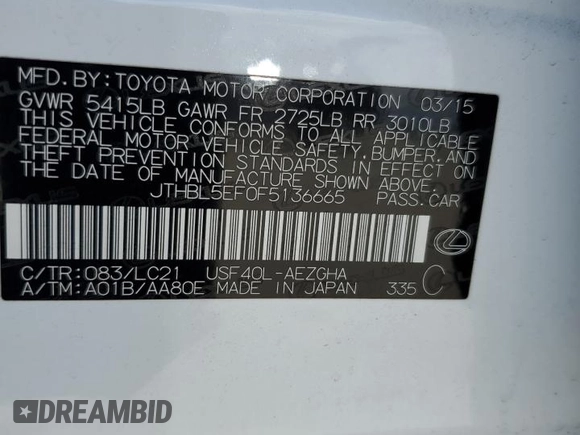 2015 Lexus LS 460 with VIN JTHBL5EF0F5136665, listed as a Copart auction lot 56854765 with 73,875 mi miles and Salvage title. Bid and sale history available at DreamBid. Image 12.