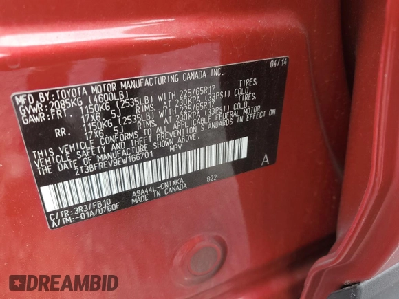 2014 Toyota RAV4 LE with VIN 2T3BFREV9EW166701, listed as a Copart auction lot 56464145 with 215,644 mi miles and Salvage Title. Bid and sale history available at DreamBid. Image 13.