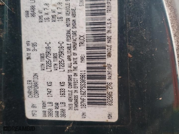 1995 Dodge Ram 1500 with VIN 1B7HF16Z7SS309811, listed as a Copart auction lot 76067494 with 134,643 mi miles and Salvage Title. Bid and sale history available at carsss.com. Image 12.