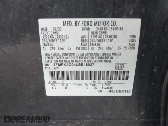 2020 Ford Edge SE z VIN 2FMPK4G94LBB18927, wystawiony jako IAAI lot #42332042 z przebiegiem 86 720 mil mil oraz . Historia ofert i sprzedaży dostępna na DreamBid. Obrazek 9.