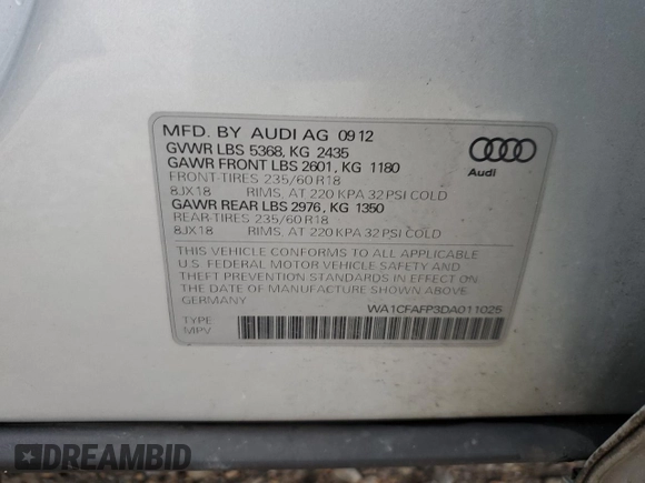 2013 Audi Q5 Premium with VIN WA1CFAFP3DA011025, listed as a Copart auction lot 79880034 with 158,886 mi miles and Salvage Title. Bid and sale history available at carsss.com. Image 12.