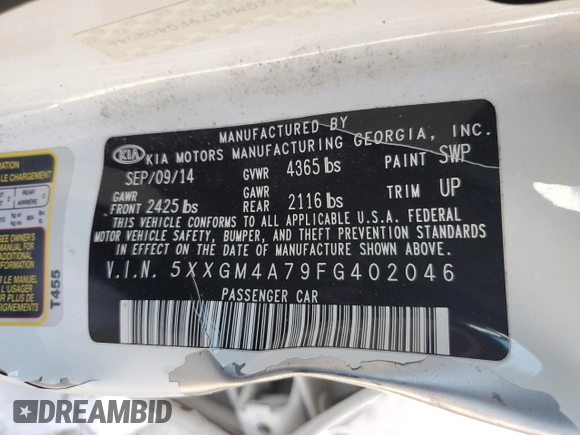 2015 Kia Optima LX with VIN 5XXGM4A79FG402046, listed as a Copart auction lot 51791805 with 141,736 mi miles and Non Repairable. Bid and sale history available at DreamBid. Image 14.