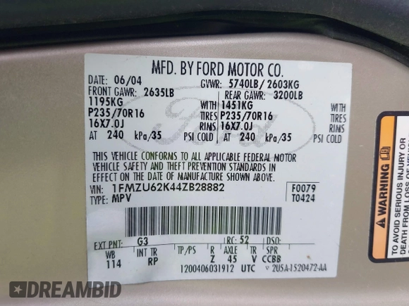 2004 Ford Explorer XLS with VIN 1FMZU62K44ZB28882, listed as a IAAI auction lot 42428926 with 63,905 mi miles and . Bid and sale history available at DreamBid. Image 9.
