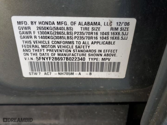 2007 Honda Pilot EX-L with VIN 5FNYF28697B022340, listed as a Copart auction lot 49336685 with 259,022 mi miles and Salvage Title. Bid and sale history available at carsss.com. Image 14.