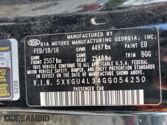 2016 Kia Optima EX with VIN 5XXGU4L34GG054250, listed as a Copart auction lot 55881065 with 100,785 mi miles and Clean Title. Bid and sale history available at carsss.com. Image 12.
