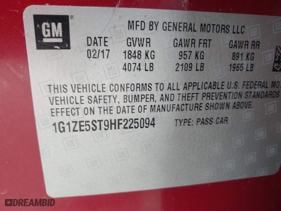 2017 Chevrolet Malibu LT with VIN 1G1ZE5ST9HF225094, listed as a IAAI auction lot 41408892 with 93,859 mi miles. Bid and sale history available at carsss.com. Image 9.