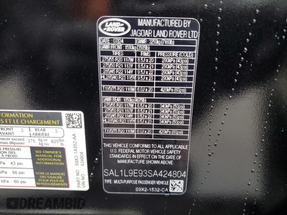 2025 Land Rover Range Rover Sport with VIN SAL1L9E93SA424804, listed as a Copart auction lot 49414945 with 1,007 mi miles and Salvage title. Bid and sale history available at DreamBid. Image 13.