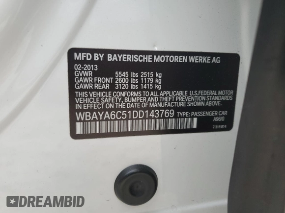 2013 BMW 7 Series 740i with VIN WBAYA6C51DD143769, listed as a Copart auction lot 41965165 with 158,686 mi miles and Clean Title. Bid and sale history available at carsss.com. Image 12.