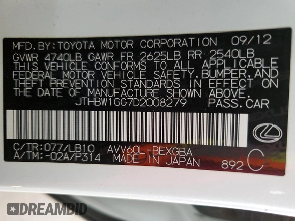 2013 Lexus ES 300h Hybrid with VIN JTHBW1GG7D2008279, listed as a Copart auction lot 48779635 with 131,597 mi miles and Salvage Title. Bid and sale history available at carsss.com. Image 14.