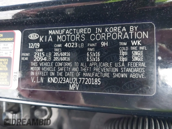 2020 Kia Soul LX with VIN KNDJ23AU2L7720185, listed as a IAAI auction lot 41796717 with 69,635 mi miles. Bid and sale history available at carsss.com. Image 9.