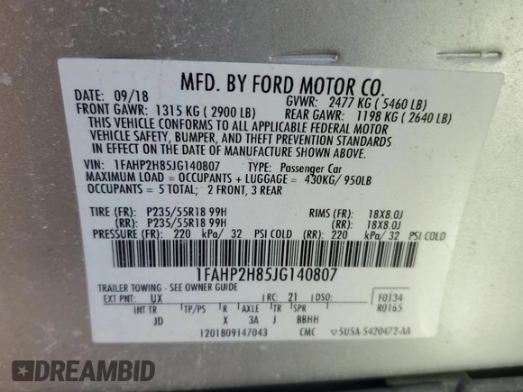 2018 Ford Taurus SEL with VIN 1FAHP2H85JG140807, listed as a Copart auction lot 48278905 with 107,601 mi miles and Clean Title. Bid and sale history available at carsss.com. Image 13.