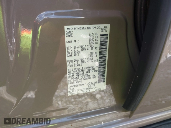 2023 Nissan Frontier Pro-4X z VIN 1N6ED1EK1PN602636, wystawiony jako IAAI lot #42018405 z przebiegiem 58 012 mil mil oraz . Historia ofert i sprzedaży dostępna na DreamBid. Obrazek 9.