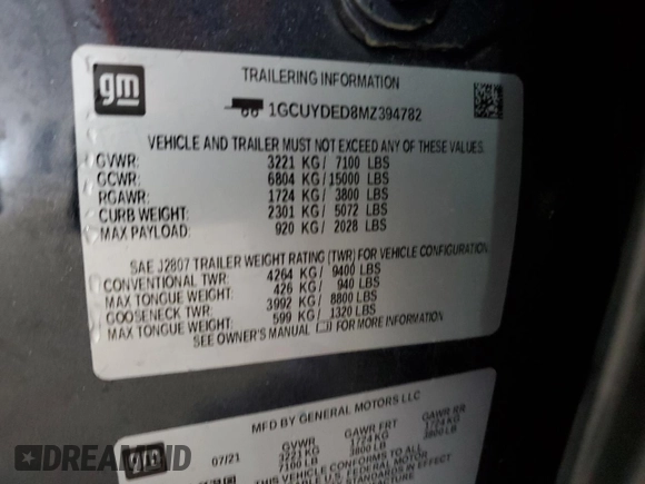 2021 Chevrolet Silverado 1500 LT with VIN 1GCUYDED8MZ394782, listed as a Copart auction lot 51107325 with 84,362 mi miles and Salvage Title. Bid and sale history available at DreamBid. Image 12.