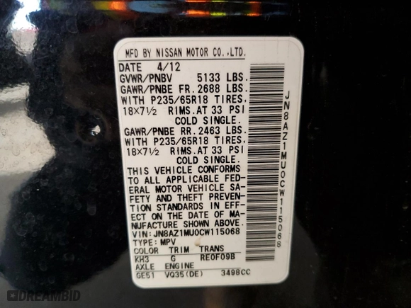 2012 Nissan Murano S with VIN JN8AZ1MU0CW115068, listed as a Copart auction lot 41655494 with 160,721 mi miles and Clean Title. Bid and sale history available at carsss.com. Image 12.