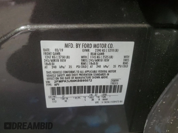 2019 Ford Edge SEL with VIN 2FMPK3J94KBB95072, listed as a Copart auction lot 56213785 with 81,410 mi miles and Salvage title. Bid and sale history available at DreamBid. Image 13.