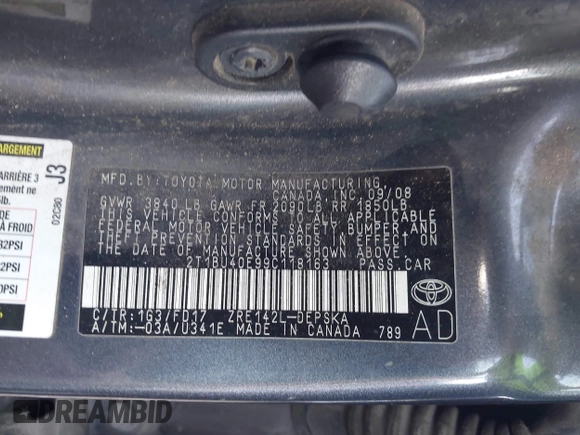 2009 Toyota Corolla with VIN 2T1BU40E99C118163, listed as a IAAI auction lot 41109184 with 194,960 mi miles. Bid and sale history available at carsss.com. Image 9.