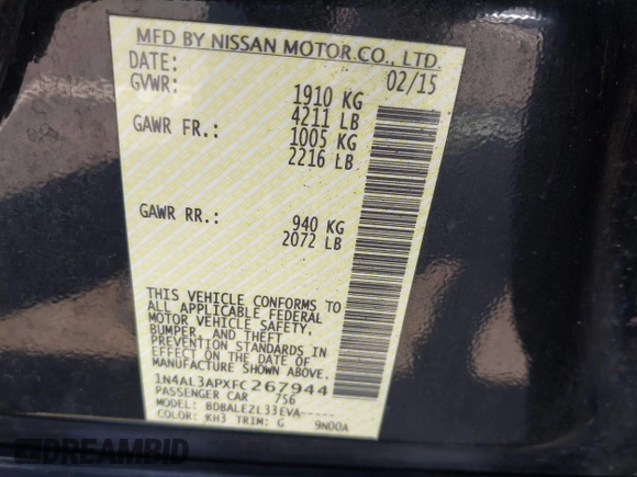 2015 Nissan Altima S with VIN 1N4AL3APXFC267944, listed as a IAAI auction lot 41890087 with 265,504 mi miles and . Bid and sale history available at DreamBid. Image 9.