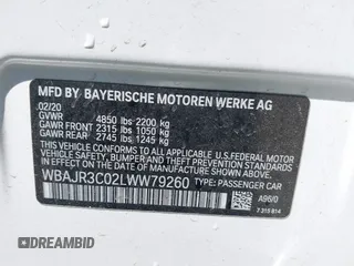 2020 BMW 5 Series 530i with VIN WBAJR3C02LWW79260, listed as a IAAI auction lot 41798999 with 91,180 mi miles and . Bid and sale history available at DreamBid. Image 9.