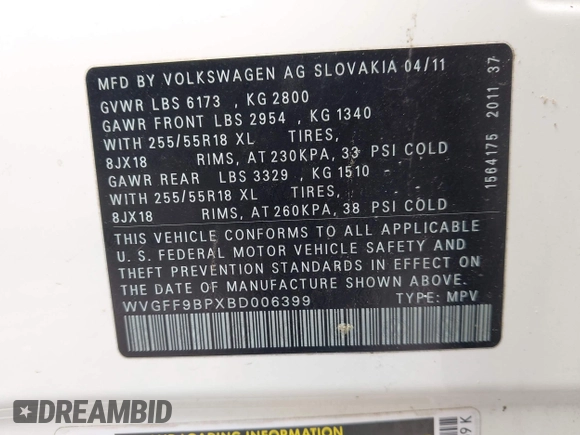 2011 Volkswagen Touareg Sport z VIN WVGFF9BPXBD006399, wystawiony jako IAAI lot #42436074 z przebiegiem 134 075 mil mil oraz . Historia ofert i sprzedaży dostępna na DreamBid. Obrazek 9.