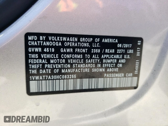 2017 Volkswagen Passat S with VIN 1VWAT7A30HC083255, listed as a Copart auction lot 60651695 with 153,879 mi miles and Salvage title. Bid and sale history available at DreamBid. Image 12.
