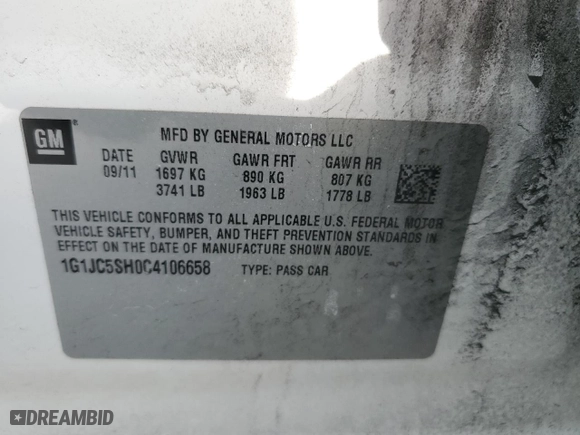 2012 Chevrolet Sonic LT with VIN 1G1JC5SH0C4106658, listed as a Copart auction lot 46187815 with 111,501 mi miles and Salvage Title. Bid and sale history available at carsss.com. Image 14.