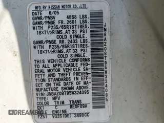 2005 Nissan Murano SL z VIN JN8AZ08T95W324095, wystawiony jako IAAI lot #42210189 z przebiegiem 137 431 mil mil oraz . Historia ofert i sprzedaży dostępna na DreamBid. Obrazek 9.