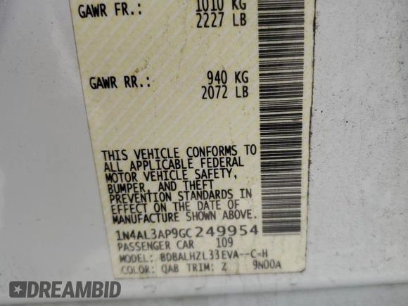 2016 Nissan Altima SR with VIN 1N4AL3AP9GC249954, listed as a Copart auction lot 56329955 with 107,622 mi miles and Salvage title. Bid and sale history available at DreamBid. Image 12.