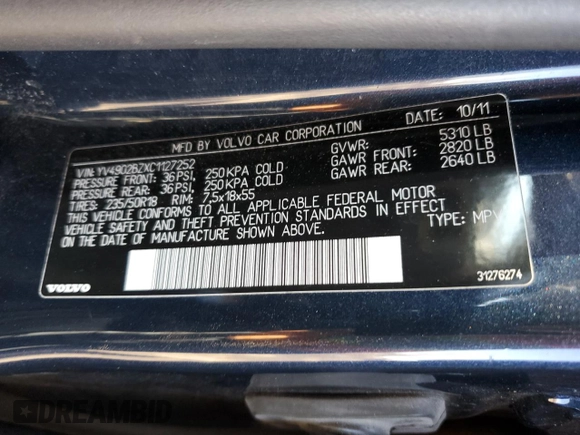 2012 Volvo XC70 T6 with VIN YV4902BZXC1127252, listed as a Copart auction lot 49504385 with 132,738 mi miles and Salvage Title. Bid and sale history available at DreamBid. Image 15.