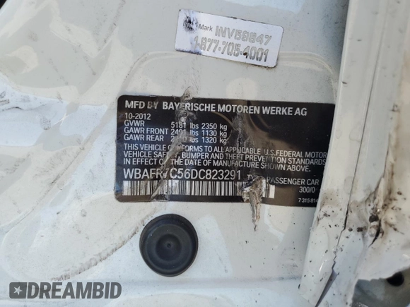2013 BMW 5 Series 535i with VIN WBAFR7C56DC823291, listed as a Copart auction lot 56621415 with 100,423 mi miles and Salvage title. Bid and sale history available at DreamBid. Image 12.
