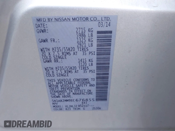 2014 Nissan Pathfinder Platinum with VIN 5N1AR2MM9EC676855, listed as a IAAI auction lot 41450200 with 142,322 mi miles and . Bid and sale history available at DreamBid. Image 9.